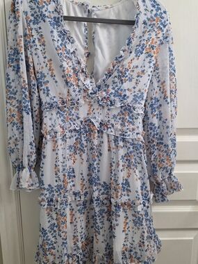 Floral Ruffle Mini Dress in White with Blue & Orange Print